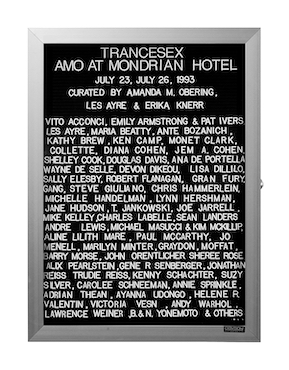 “WHAT'S LOVE GOT TO DO WITH IT?”<br />
Trancesex<br />
1991: Ongoing<br />
Lobby Directory Board Listing Artists, Gallery, Curators, Exhibition Titles, Dates Replicating the Lobby Directory Board at 420 West Broadway<br />
(Series Initialized for the 1st Group Show in which the Artist Exhibited, and Made for Every Group Show Thereafter)<br />
18” x 24”<br />