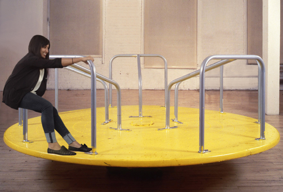 “RAINDROPS KEEP FALLING ON MY HEAD”<br />
1991 Ongoing<br />
Functioning Playground Whirl-i-gig Installed in Gallery for Viewers to Play, Rest, Sit on, and Enjoy<br />
90″ in Diameter x 40″ at Highest Point <br />
Unique, 1 AP<br />