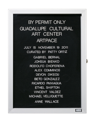 “WHAT'S LOVE GOT TO DO WITH IT?”<br />
By Permit Only<br />
1991: Ongoing<br />
Lobby Directory Board Listing Artists, Gallery, Curators, Exhibition Titles, Dates Replicating the Lobby Directory Board at 420 West Broadway<br />
(Series Initialized for the 1st Group Show in which the Artist Exhibited, and Made for Every Group Show Thereafter)<br />
18” x 24”<br />