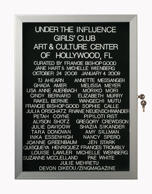 “WHAT'S LOVE GOT TO DO WITH IT?”<br />
Under The Influence<br />
1991: Ongoing<br />
Lobby Directory Board Listing Artists, Gallery, Curators, Exhibition Titles, Dates Replicating the Lobby Directory Board at 420 West Broadway<br />
(Series Initialized for the 1st Group Show in which the Artist Exhibited, and Made for Every Group Show Thereafter)<br />
18” x 24”<br />