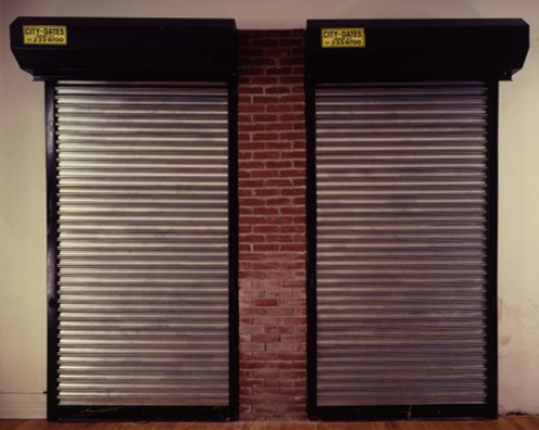 Security/Zip<br />
1991<br />
2 Security Gates Installation with ”Barnet Newman”  Stripe of Bricks<br />
141”  x 120”  <br />