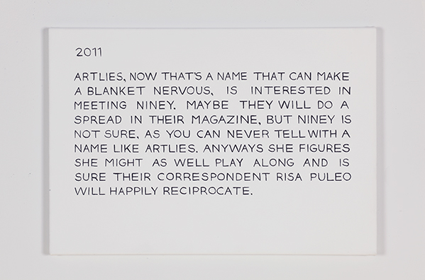 THE NINEY TIMELINE<br />
2007 Ongoing<br />
Individual Sign Painting Commissioned by the Artist to Record the Life and Times of Niney<br />
Acrylic on Canvas<br />
Variable Dimensions<br />