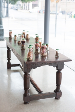 PRETTY PLEASE<br />
2011 Ongoing<br />
Installation View<br />
Table: 16 Pace Picante Jars Holding the Potpourri Made from the Blossoms of the 16 Flower Bouquets Used to Replicate Each of the Last 16 Edouard Manet Painted Before Dying, Displayed on a 19th Century English Table<br />
Variable Dimensions<br />