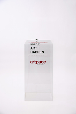 “PAY WHAT YOU WISH BUT YOU MUST PAY SOMETHING”<br />
2013 Ongoing<br />
Floor: One of 18 Functioning American Art Museum Donation Boxes replicated and Displayed at an Art Fair in Various Positions throughout the Fair<br />
Artpace<br />
Variable Dimensions<br />