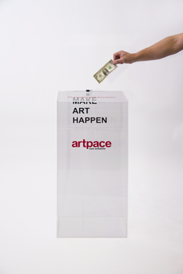 “PAY WHAT YOU WISH BUT YOU MUST PAY SOMETHING”<br />
2013 Ongoing<br />
Floor: One of 18 Functioning American Art Museum Donation Boxes replicated and Displayed at an Art Fair in Various Positions throughout the Fair<br />
Artpace<br />
Variable Dimensions<br />
