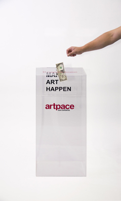 “PAY WHAT YOU WISH BUT YOU MUST PAY SOMETHING”<br />
2013 Ongoing<br />
Floor: One of 18 Functioning American Art Museum Donation Boxes replicated and Displayed at an Art Fair in Various Positions throughout the Fair<br />
Artpace<br />
Variable Dimensions<br />