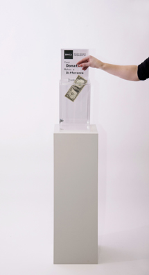 “PAY WHAT YOU WISH BUT YOU MUST PAY SOMETHING”<br />
2013 Ongoing<br />
Floor: One of 18 Functioning American Art Museum Donation Boxes replicated and Displayed at an Art Fair in Various Positions throughout the Fair<br />
Boulder Museum of Contemporary Art<br />
Variable Dimensions<br />