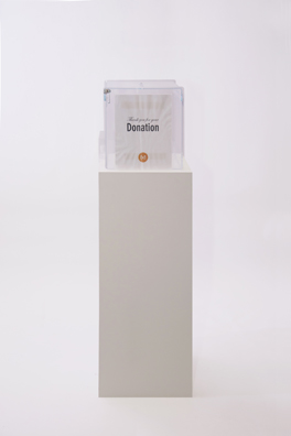 “PAY WHAT YOU WISH BUT YOU MUST PAY SOMETHING”<br />
2013 Ongoing<br />
Floor: One of 18 Functioning American Art Museum Donation Boxes replicated and Displayed at an Art Fair in Various Positions throughout the Fair<br />
Bronx Museum of the Arts<br />
Variable Dimensions<br />