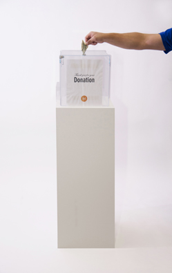 “PAY WHAT YOU WISH BUT YOU MUST PAY SOMETHING”<br />
2013 Ongoing<br />
Floor: One of 18 Functioning American Art Museum Donation Boxes replicated and Displayed at an Art Fair in Various Positions throughout the Fair<br />
Bronx Museum of the Arts<br />
Variable Dimensions<br />