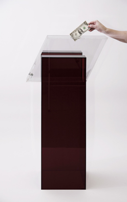 “PAY WHAT YOU WISH BUT YOU MUST PAY SOMETHING”<br />
2013 Ongoing<br />
Floor: One of 18 Functioning American Art Museum Donation Boxes replicated and Displayed at an Art Fair in Various Positions throughout the Fair<br />
The Contemporary Arts Center, Cincinnati<br />
Variable Dimensions<br />