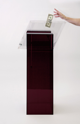 “PAY WHAT YOU WISH BUT YOU MUST PAY SOMETHING”<br />
2013 Ongoing<br />
Floor: One of 18 Functioning American Art Museum Donation Boxes replicated and Displayed at an Art Fair in Various Positions throughout the Fair<br />
The Contemporary Arts Center, Cincinnati<br />
Variable Dimensions<br />