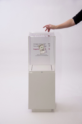 “PAY WHAT YOU WISH BUT YOU MUST PAY SOMETHING”<br />
2013 Ongoing<br />
Floor: One of 18 Functioning American Art Museum Donation Boxes replicated and Displayed at an Art Fair in Various Positions throughout the Fair<br />
Contemporary Arts Museum Houston<br />
Variable Dimensions<br />