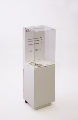 “PAY WHAT YOU WISH BUT YOU MUST PAY SOMETHING”<br />
2013 Ongoing<br />
Floor: One of 18 Functioning American Art Museum Donation Boxes replicated and Displayed at an Art Fair in Various Positions throughout the Fair<br />
Contemporary Arts Museum Houston<br />
Variable Dimensions<br />