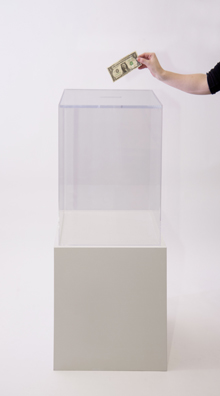 “PAY WHAT YOU WISH BUT YOU MUST PAY SOMETHING”<br />
2013 Ongoing<br />
Floor: One of 18 Functioning American Art Museum Donation Boxes replicated and Displayed at an Art Fair in Various Positions throughout the Fair<br />
Museum of Contemporary Art Denver<br />
Variable Dimensions<br />