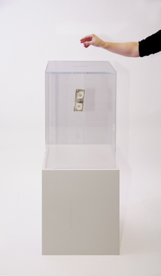 “PAY WHAT YOU WISH BUT YOU MUST PAY SOMETHING”<br />
2013 Ongoing<br />
Floor: One of 18 Functioning American Art Museum Donation Boxes replicated and Displayed at an Art Fair in Various Positions throughout the Fair<br />
Museum of Contemporary Art Denver<br />
Variable Dimensions<br />