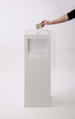 “PAY WHAT YOU WISH BUT YOU MUST PAY SOMETHING”<br />
2013 Ongoing<br />
Floor: One of 18 Functioning American Art Museum Donation Boxes replicated and Displayed at an Art Fair in Various Positions throughout the Fair<br />
Museum of Contemporary Art San Diego<br />
Variable Dimensions<br />
