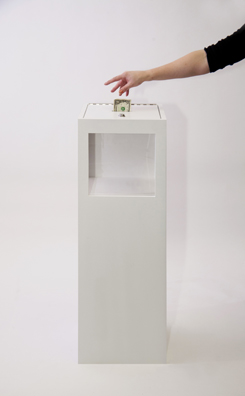 “PAY WHAT YOU WISH BUT YOU MUST PAY SOMETHING”<br />
2013 Ongoing<br />
Floor: One of 18 Functioning American Art Museum Donation Boxes replicated and Displayed at an Art Fair in Various Positions throughout the Fair<br />
Museum of Contemporary Art San Diego<br />
Variable Dimensions<br />