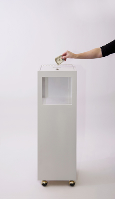 “PAY WHAT YOU WISH BUT YOU MUST PAY SOMETHING”<br />
2013 Ongoing<br />
Floor: One of 18 Functioning American Art Museum Donation Boxes replicated and Displayed at an Art Fair in Various Positions throughout the Fair<br />
Museum of Contemporary Art San Diego<br />
Variable Dimensions<br />