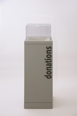 “PAY WHAT YOU WISH BUT YOU MUST PAY SOMETHING”<br />
2013 Ongoing<br />
Floor: One of 18 Functioning American Art Museum Donation Boxes replicated and Displayed at an Art Fair in Various Positions throughout the Fair<br />
The Nelson-Atkins Museum of Art<br />
Variable Dimensions<br />
