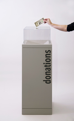 “PAY WHAT YOU WISH BUT YOU MUST PAY SOMETHING”<br />
2013 Ongoing<br />
Floor: One of 18 Functioning American Art Museum Donation Boxes replicated and Displayed at an Art Fair in Various Positions throughout the Fair<br />
The Nelson-Atkins Museum of Art<br />
Variable Dimensions<br />