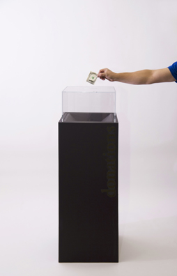 “PAY WHAT YOU WISH BUT YOU MUST PAY SOMETHING”<br />
2013 Ongoing<br />
Floor: One of 18 Functioning American Art Museum Donation Boxes replicated and Displayed at an Art Fair in Various Positions throughout the Fair<br />
The Nelson-Atkins Museum of Art<br />
Variable Dimensions<br />