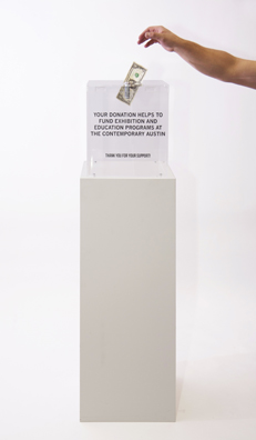 “PAY WHAT YOU WISH BUT YOU MUST PAY SOMETHING”<br />
2013 Ongoing<br />
Floor: One of 18 Functioning American Art Museum Donation Boxes replicated and Displayed at an Art Fair in Various Positions throughout the Fair<br />
The Contemporary Austin<br />
Variable Dimensions<br />