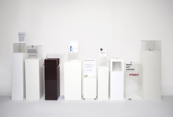 “PAY WHAT YOU WISH BUT YOU MUST PAY SOMETHING”<br />
Floor: Nine of 18 Functioning American Art Museum Donation Boxes replicated and Displayed at an Art Fair in Various Positions throughout the Fair<br />
NADA Art Fair, The Contemporary Austin, Contemporary Arts Center Cincinnati, Museum of Contemporary Art North Miami, Contemporary Arts Museum Houston, Boulder Museum of Contemporary Art, Museum of Contemporary Art San Diego, Artpace, The Drawing Center<br />
Variable Dimensions<br />