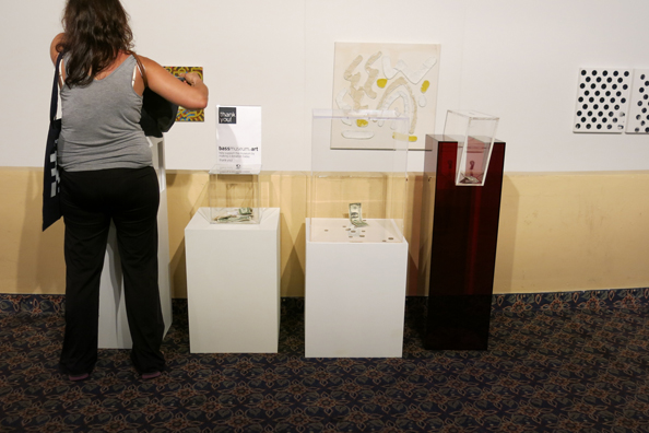 “PAY WHAT YOU WISH BUT YOU MUST PAY SOMETHING”<br />
2013 Ongoing<br />
Booth Installation Replicating 4 of 18 American Art Museum Donation Boxes for the Commercial Art Fair NADA<br />
Floor: Donation Boxes of San Diego Museum of Contemporary Art, Bass Museum of Art, Museum of Contemporary Art Denver, Contemporary Art Center Cincinnati: 4 of 16 American Art Museums that Did Participate in the Artist’s Invitation to Collaborate Installed at Various Locations throughout the Fair, with Viewer Donating to the Bass Museum <br />
Variable Dimensions<br />