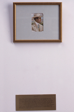 LIBRARY PERSONA NON GRATA<br />
1993<br />
Detail: Harney<br />
brass informational plaque and framed portrait of Harney, the young architect/socialite of Wharton novel Summer, and archetype for the New York Social Register section of the library<br />