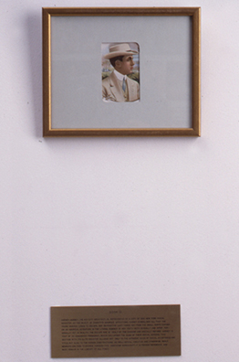 LIBRARY PERSONA NON GRATA<br />
1993<br />
Detail: Harney<br />
brass informational plaque and framed portrait of Harney, the young architect/socialite of Wharton novel Summer, and archetype for the New York Social Register section of the library<br />