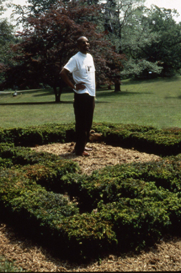 MIANDROS <br/>
1994 Ongoing <br/>
80 Dogwood Bushes Planted in a “Miandros” Greek Key Pattern and Arranged in an Unopened Square Maze Surrounding the Solution Mound <br/>
Donald Fergusson Standing on the Solution Mound<br/>
Maze: 20' x 20' x 2 1/2' <br/>
Observation Mound: 5' at Highest Point <br/>