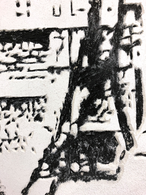 GAS SHORTAGE <br/>
2018 Ongoing <br/>
Detail: Google Image of 1973 Gas Shortage Etched in Wall Using the Sgrafitto Technique <br/>
Variable Dimensions <br/>