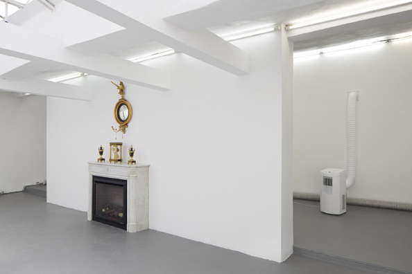 TRICIA NIXON: SUMMER OF 1973 <br/>
2017 Ongoing <br/>
Antique Marble Fireplace, Mirror, Clock, Urns, Working Heating Element, Air Conditioner, Vintage Clock Radio Circa 1973 with Looped CBS Radio Broadcasts from the Summer of 1973 <br/>
Variable Dimensions <br/>