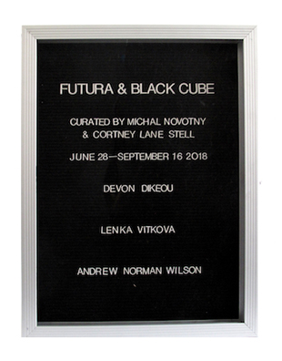 “WHAT'S LOVE GOT TO DO WITH IT?”<br />
Futura & Black Cube<br />
1991: Ongoing<br />
Lobby Directory Board Listing Artists, Gallery, Curators, Exhibition Titles, Dates Replicating the Lobby Directory Board at 420 West Broadway<br />
(Series Initialized for the 1st Group Show in which the Artist Exhibited, and Made for Every Group Show Thereafter)<br />
18” x 24”<br />