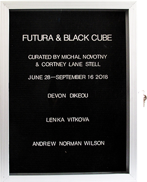 “WHAT'S LOVE GOT TO DO WITH IT?”<br />
Futura & Black Cube<br />
1991: Ongoing<br />
Lobby Directory Board Listing Artists, Gallery, Curators, Exhibition Titles, Dates Replicating the Lobby Directory Board at 420 West Broadway<br />
(Series Initialized for the 1st Group Show in which the Artist Exhibited, and Made for Every Group Show Thereafter)<br />
18” x 24”<br />
