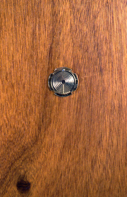 PEEP <br/>
1991 Ongoing <br/>
Detail: Peephole View Outside Ballroom<br/>
Functioning Backward Peephole Installed for Viewing Private Bathroom from Outside the Bathroom<br/>
2” in Diameter <br/>
