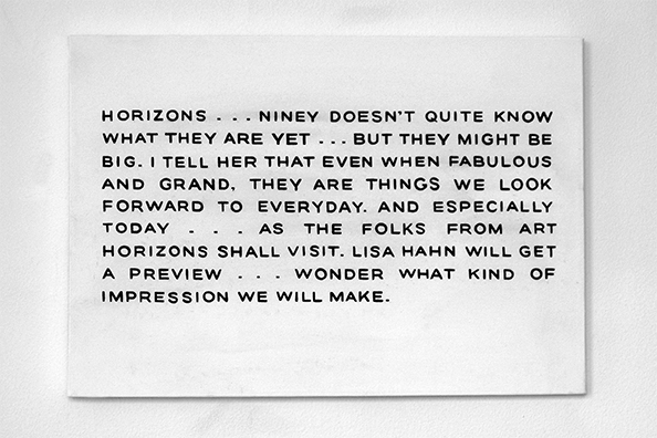 THE NINEY TIMELINE<br />
2007 Ongoing<br />
Individual Sign Painting Commissioned by the Artist to Record the Life and Times of Niney<br />
Acrylic on Canvas<br />
Variable Dimensions<br />