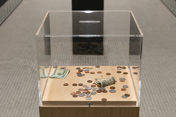 PAY WHAT YOU WISH BUT YOU MUST PAY SOMETHING<br />
2013 Ongoing<br />Installation Replicating 18 American Art Museum Donation Boxes<br />
Variable Dimensions<br />