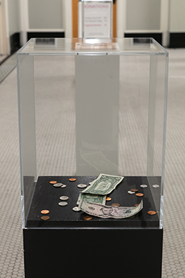 PAY WHAT YOU WISH BUT YOU MUST PAY SOMETHING<br />
2013 Ongoing<br />Installation Replicating 18 American Art Museum Donation Boxes<br />
Variable Dimensions<br />