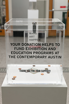 PAY WHAT YOU WISH BUT YOU MUST PAY SOMETHING<br />
2013 Ongoing<br />Installation Replicating 18 American Art Museum Donation Boxes<br />
Variable Dimensions<br />