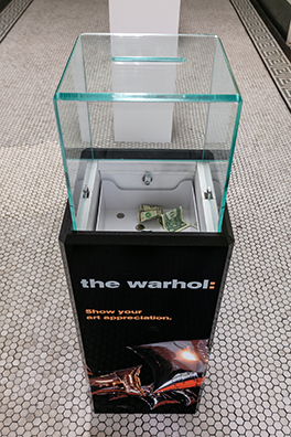 PAY WHAT YOU WISH BUT YOU MUST PAY SOMETHING<br />
2013 Ongoing<br />Installation Replicating 18 American Art Museum Donation Boxes<br />
Variable Dimensions<br />