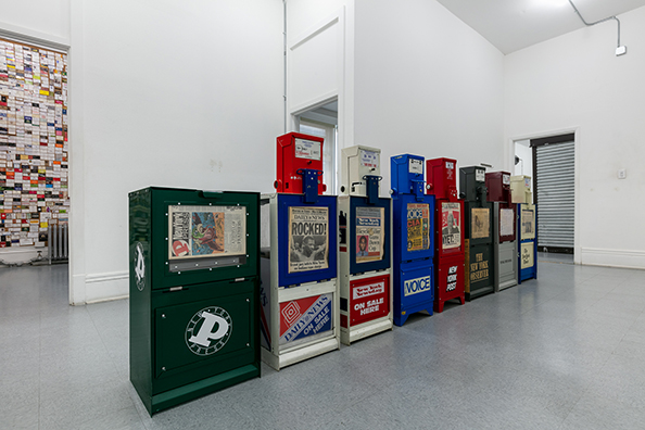 THE NEWS<br />
1991 Ongoing<br />Series of Fully Operational New York City Newspaper Dispensers, Available for Viewers to Use for the Duration of the Exhibition, Papers Updated on Daily/Weekly Basis by Appropriate News Agencies<br />
18 x 49 x 20 inches each