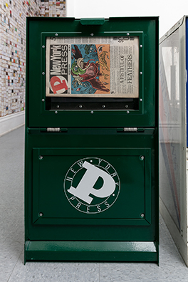 THE NEWS<br />
1991 Ongoing<br />Series of Fully Operational New York City Newspaper Dispensers, Available for Viewers to Use for the Duration of the Exhibition, Papers Updated on Daily/Weekly Basis by Appropriate News Agencies<br />
18 x 49 x 20 inches each