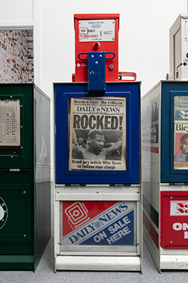 THE NEWS<br />
1991 Ongoing<br />Series of Fully Operational New York City Newspaper Dispensers, Available for Viewers to Use for the Duration of the Exhibition, Papers Updated on Daily/Weekly Basis by Appropriate News Agencies<br />
18 x 49 x 20 inches each