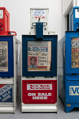 THE NEWS<br />
1991 Ongoing<br />Series of Fully Operational New York City Newspaper Dispensers, Available for Viewers to Use for the Duration of the Exhibition, Papers Updated on Daily/Weekly Basis by Appropriate News Agencies<br />
18 x 49 x 20 inches each