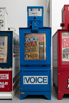 THE NEWS<br />
1991 Ongoing<br />Series of Fully Operational New York City Newspaper Dispensers, Available for Viewers to Use for the Duration of the Exhibition, Papers Updated on Daily/Weekly Basis by Appropriate News Agencies<br />
18 x 49 x 20 inches each