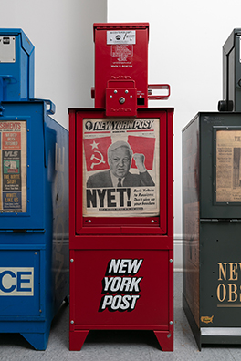 THE NEWS<br />
1991 Ongoing<br />Series of Fully Operational New York City Newspaper Dispensers, Available for Viewers to Use for the Duration of the Exhibition, Papers Updated on Daily/Weekly Basis by Appropriate News Agencies<br />
18 x 49 x 20 inches each