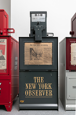 THE NEWS<br />
1991 Ongoing<br />Series of Fully Operational New York City Newspaper Dispensers, Available for Viewers to Use for the Duration of the Exhibition, Papers Updated on Daily/Weekly Basis by Appropriate News Agencies<br />
18 x 49 x 20 inches each