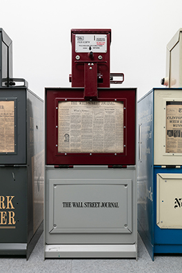 THE NEWS<br />
1991 Ongoing<br />Series of Fully Operational New York City Newspaper Dispensers, Available for Viewers to Use for the Duration of the Exhibition, Papers Updated on Daily/Weekly Basis by Appropriate News Agencies<br />
18 x 49 x 20 inches each