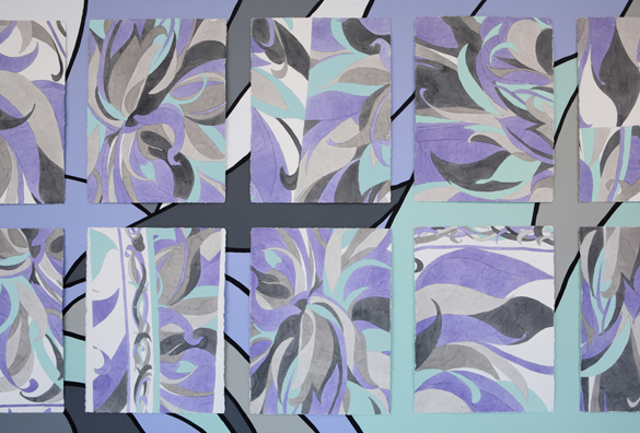 MARILYN MONROE WANTED TO BE BURIED IN PUCCI <br />
Detail: Patterned Wall<br />
36 (The Age of Monroe when She Died) Watercolors of a Pucci Dress<br />
Installed on a Wall Mural of the Same Pattern<br />
24” x 36” Each<br />
Edition 2, 1 AP<br />